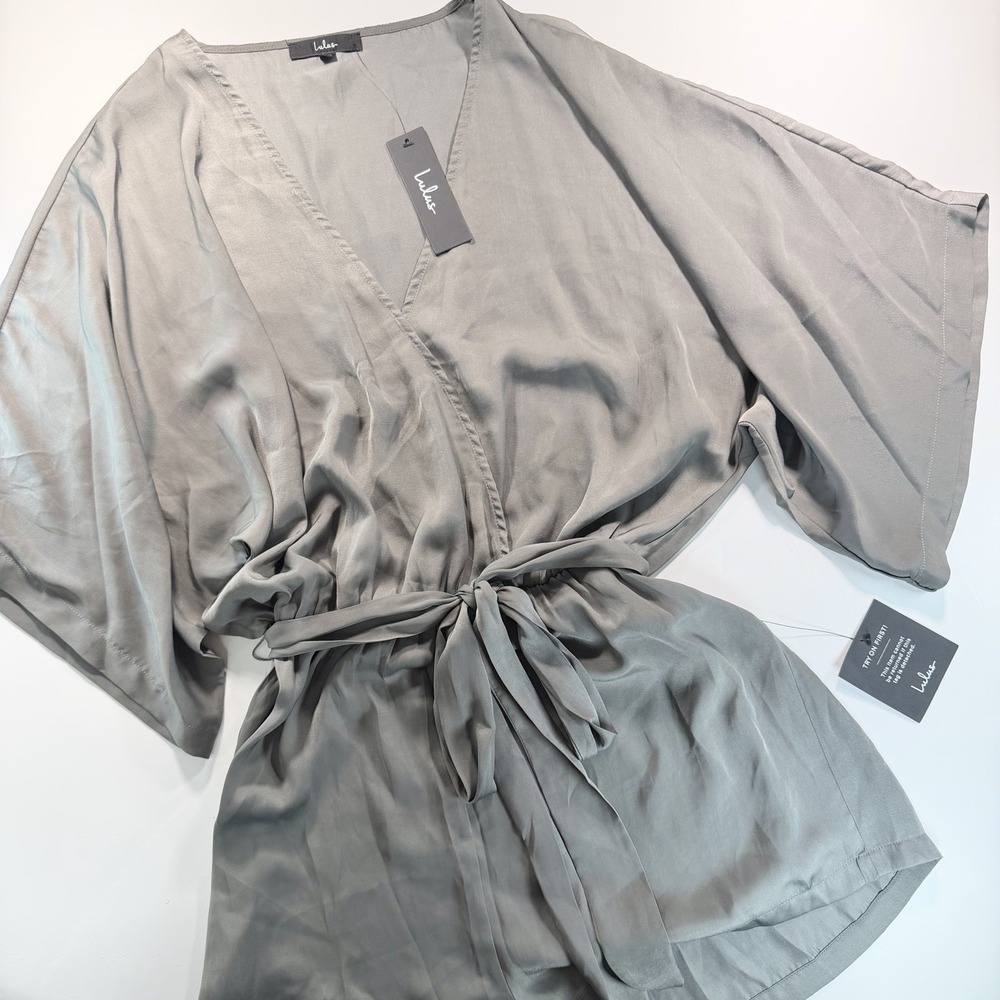 Lulu's Women's Gray Silky Romper NEW  V‎ Neck Shorts Medium Goddess Boho